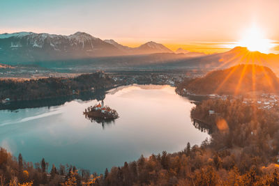 Sunrise at bled lake, slovenia, mountain, mountain range, lake, water, island.