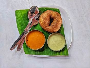 High angle view of breakfast on table