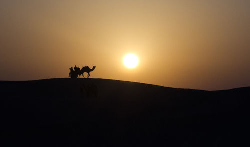Silhouette camel cart on desert against sky during sunset