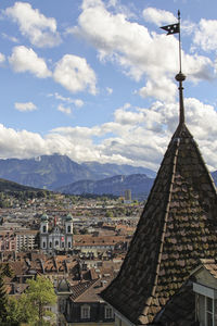 High angle view of buildings against sky