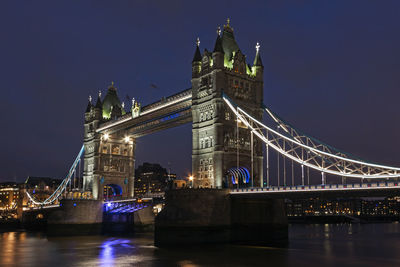 Illuminated bridge over river at night