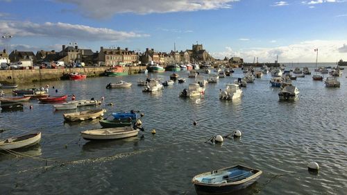 High angle view of boats in harbor
