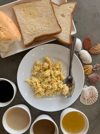 High angle view of breakfast served on table