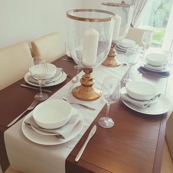 High angle view of kitchen utensils on table