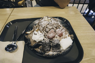 High angle view of dessert in plate on table