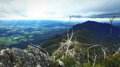 Scenic view of mountains against cloudy sky