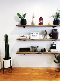 Decorations arranged on shelves at home