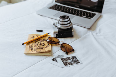 High angle view of objects on table