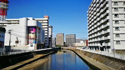 Modern buildings against clear blue sky in city