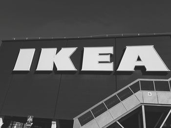 Low angle view of text on building against clear sky