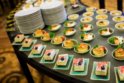 High angle view of various food on table