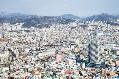 High angle shot of townscape against sky