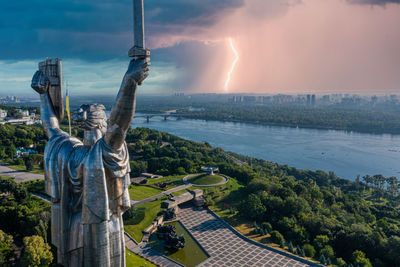 Aerial view of the mother motherland monument in kiev.