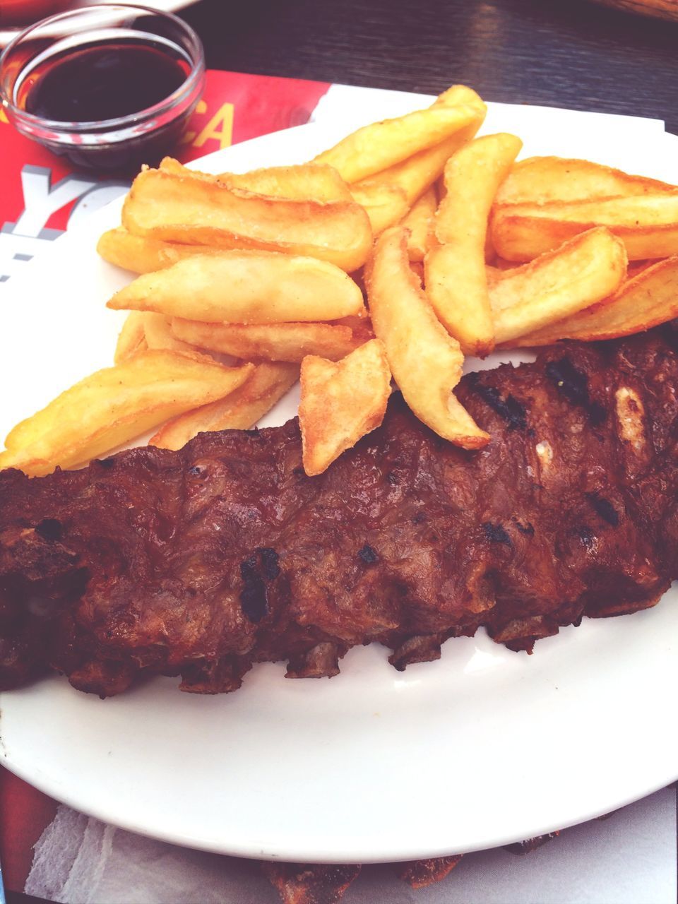 food and drink, food, freshness, ready-to-eat, indoors, plate, still life, close-up, serving size, unhealthy eating, meal, indulgence, french fries, table, fried, meat, high angle view, sauce, prepared potato