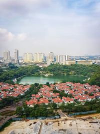 High angle view of city against sky