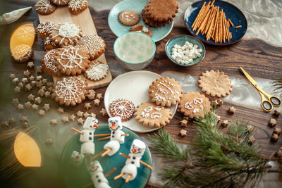 High angle view of cookies in plate