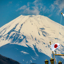 Mount fuji on background with japanese flag on foreground.