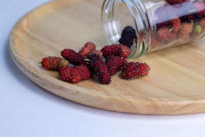 High angle view of strawberries in container on table