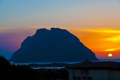 Scenic view of silhouette mountain against sky at sunset