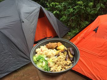 High angle view of food on table