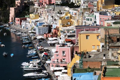 High angle view of boats in harbor