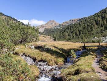 Scenic view of stream by mountains against sky