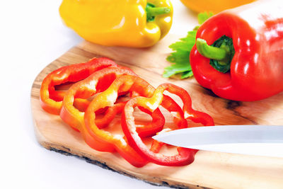 Close-up of bell peppers on cutting board