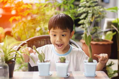 Cute boy looking at cactus on table