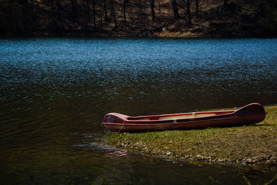 Boat moored on lake shore