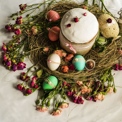High angle view of easter food and decoration table