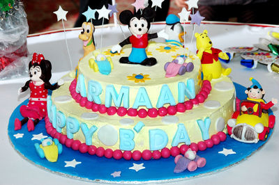 High angle view of multi colored cake on table