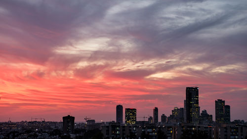 Modern buildings against sky during sunset