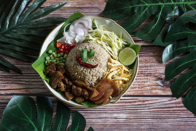 High angle view of food served on table