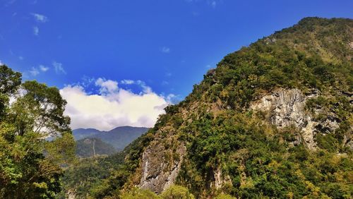 Panoramic view of landscape and mountains against blue sky