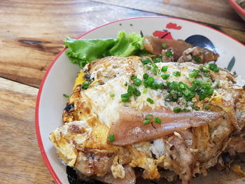 High angle view of breakfast served on table