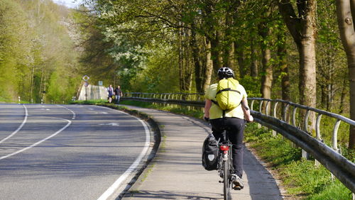 Rear view of man riding bicycle on road