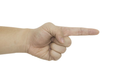 Close-up of human hand against white background