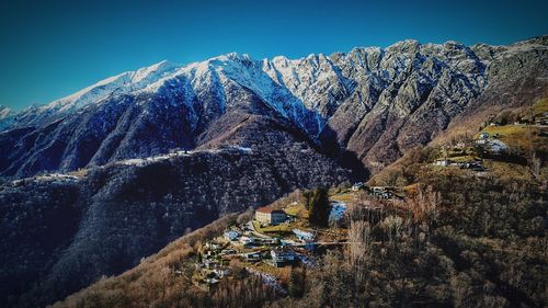 Scenic view of mountains against clear blue sky