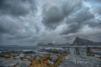 Scenic view of sea against cloudy  and stormy sky in lofotenislands