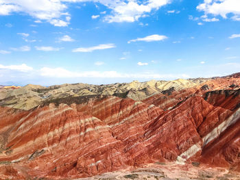 Rock formations on landscape against cloudy sky