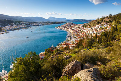 View of poros island and mountains of peloponnese peninsula in greece.