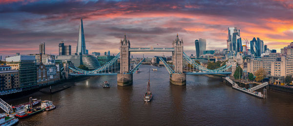 Aerial panorama of the london tower bridge and the river thames, england, united kingdom.