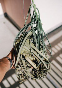 Close-up of man hand on cable