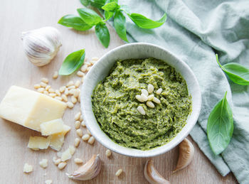 Fresh made pesto sauce. green basil pesto. ingredient for pesto sauce 