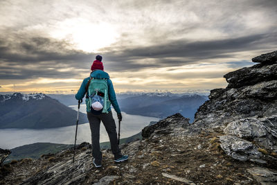 Alpine hiking in snow covered mountains, the remarkables, new zealand