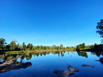 Scenic view of lake against clear blue sky