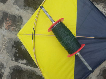 High angle view of multi colored umbrella on wall