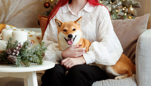 A girl with red hair hugs a cute dog shiba inu, lying on her lap