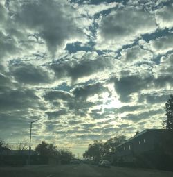 Low angle view of silhouette trees and buildings against sky