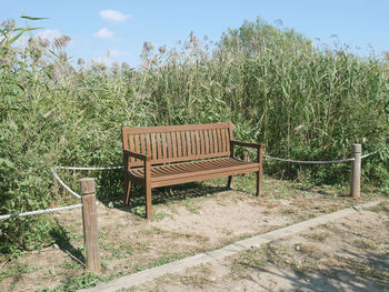 Empty bench on field by trees against sky